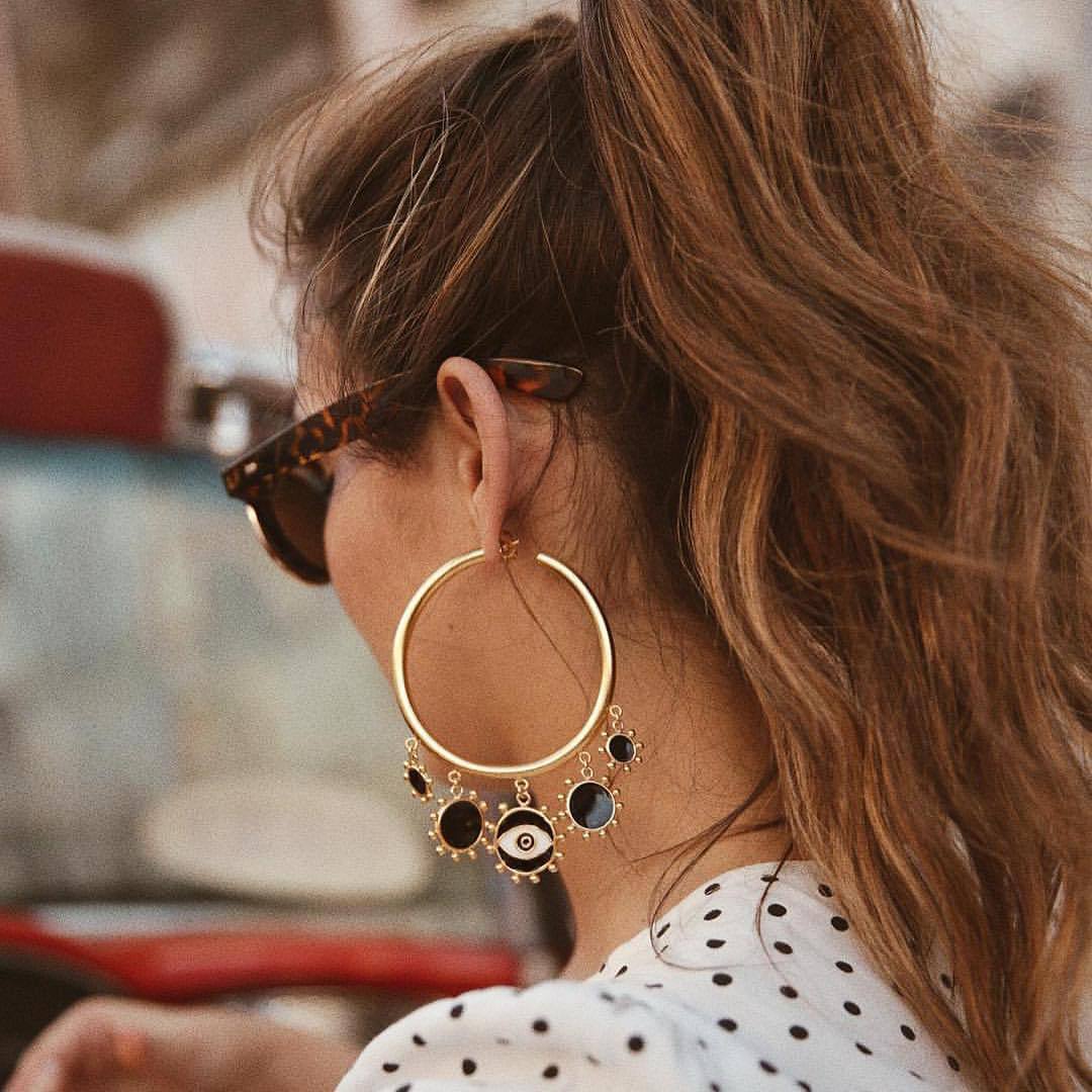 Evil Eye Drop Tassel Gold Tone Hoops