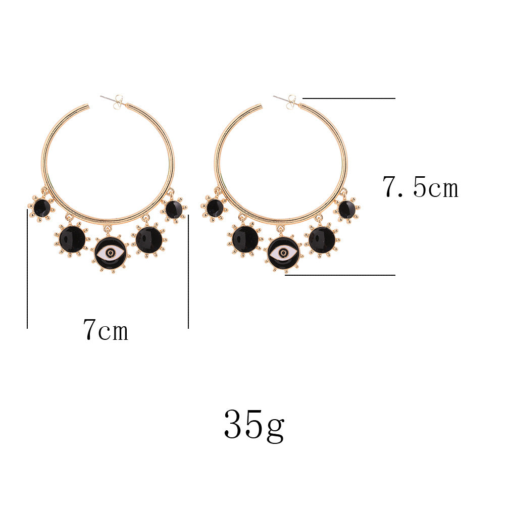Evil Eye Drop Tassel Gold Tone Hoops