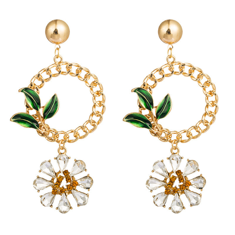 Drop Oil Leaf with Glass Rhinestone Flower Earrings