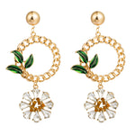 Load image into Gallery viewer, Drop Oil Leaf with Glass Rhinestone Flower Earrings
