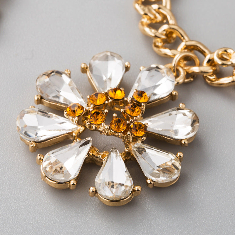 Drop Oil Leaf with Glass Rhinestone Flower Earrings