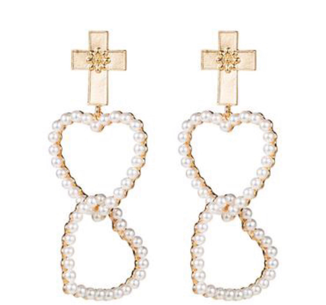 Cross Pearl Heart Drop Earrings