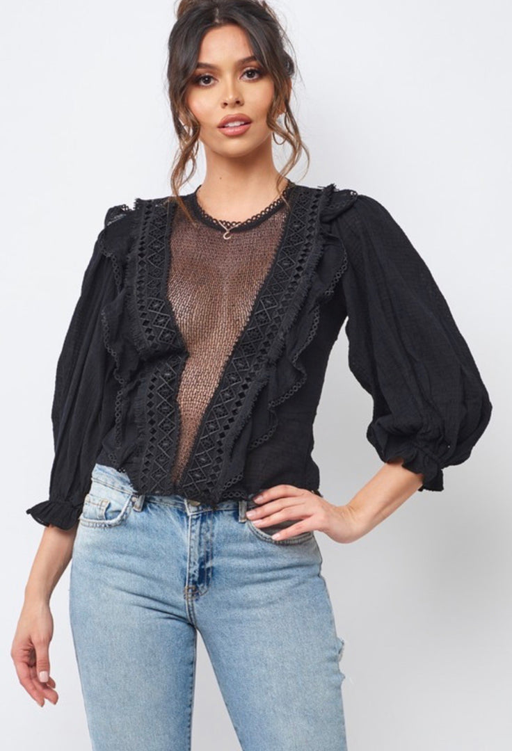 Puffed Sleeve Sheer Plunge Blouse