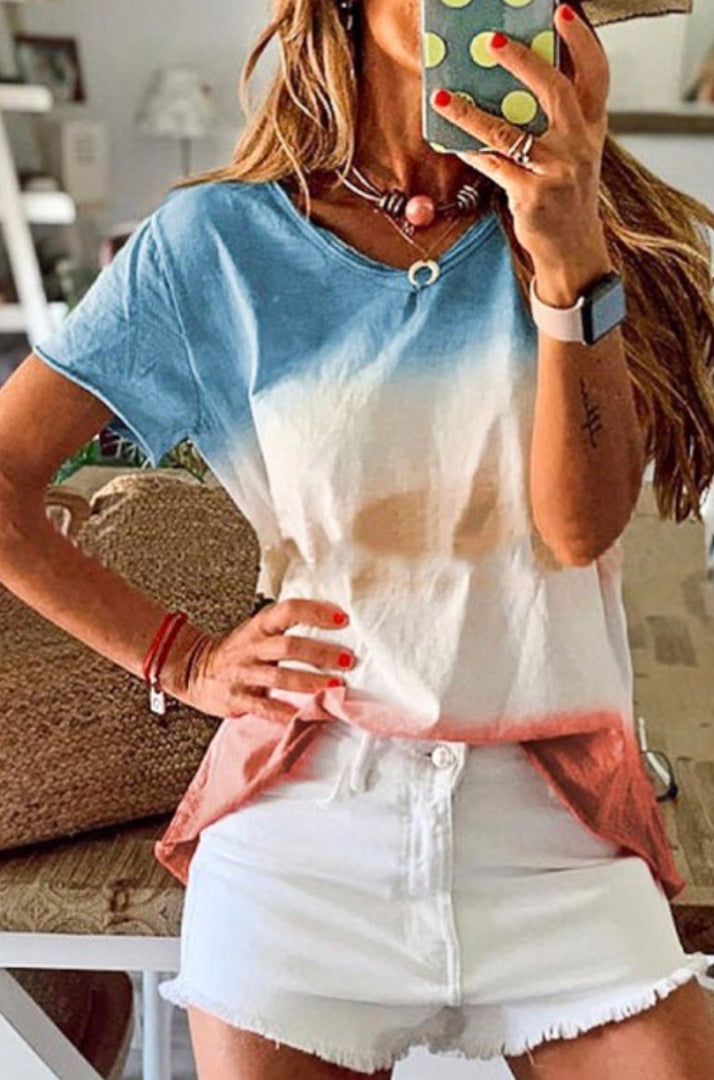 Distressed V Neck Tie Dye Top