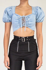 Load image into Gallery viewer, Denim Tie Puffed Sleeve Crop Top