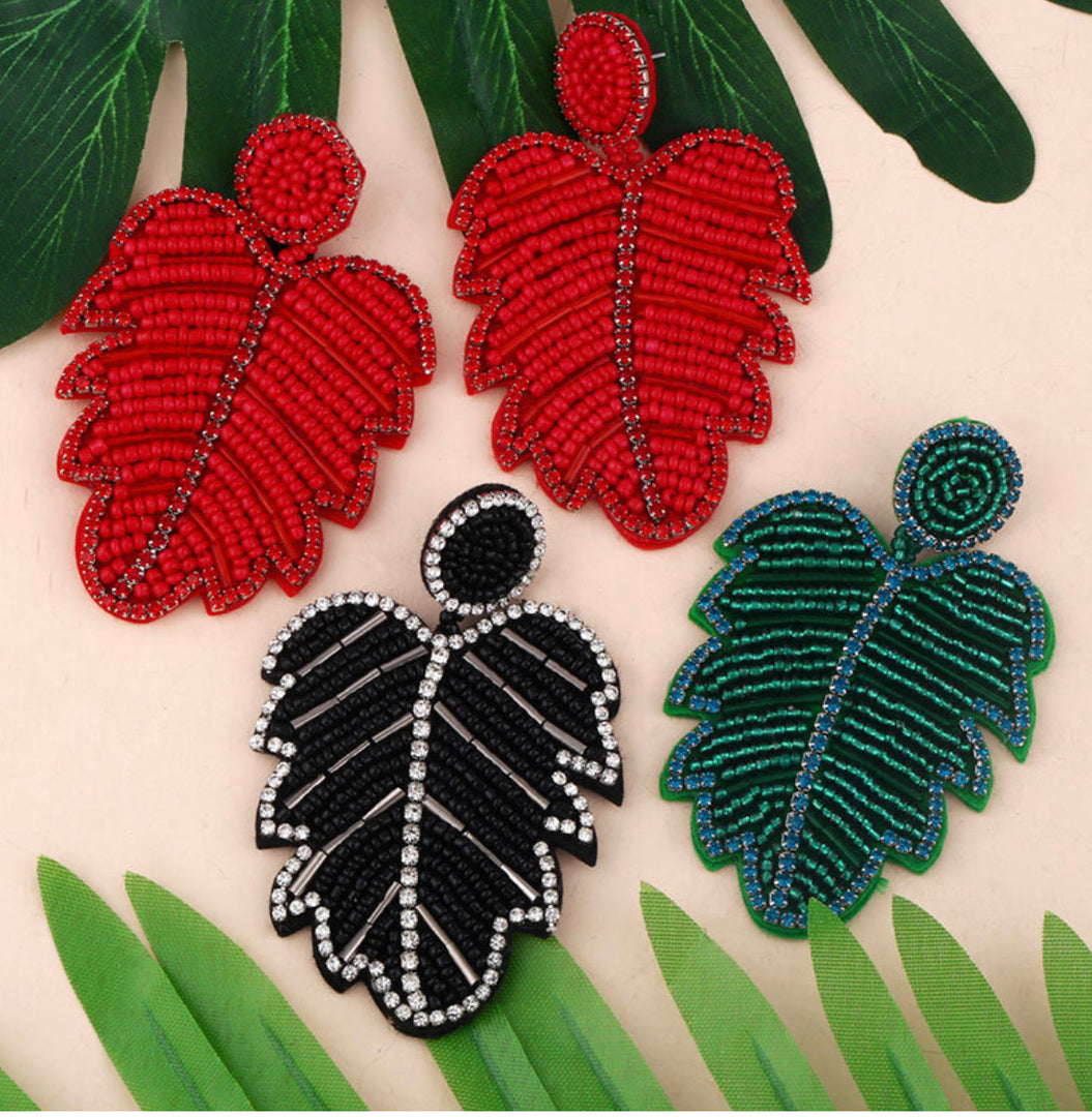 Beaded Boho Leaf Earrings