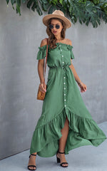 Load image into Gallery viewer, Off the Shoulder Solid Maxi Dress-Green