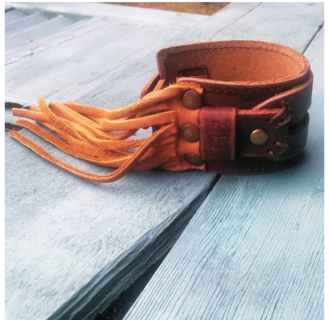 Leather Snap Cuff Bracelet with Leather Fringe
