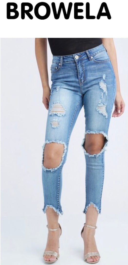 Distressed Cut Off Hem Jeans