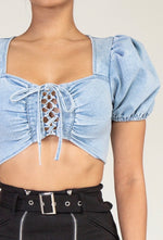 Load image into Gallery viewer, Denim Tie Puffed Sleeve Crop Top