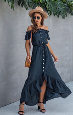 Load image into Gallery viewer, Off the Shoulder Solid Maxi Dress-Navy