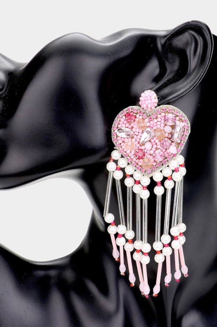 Heart Beaded Fringe Earrings