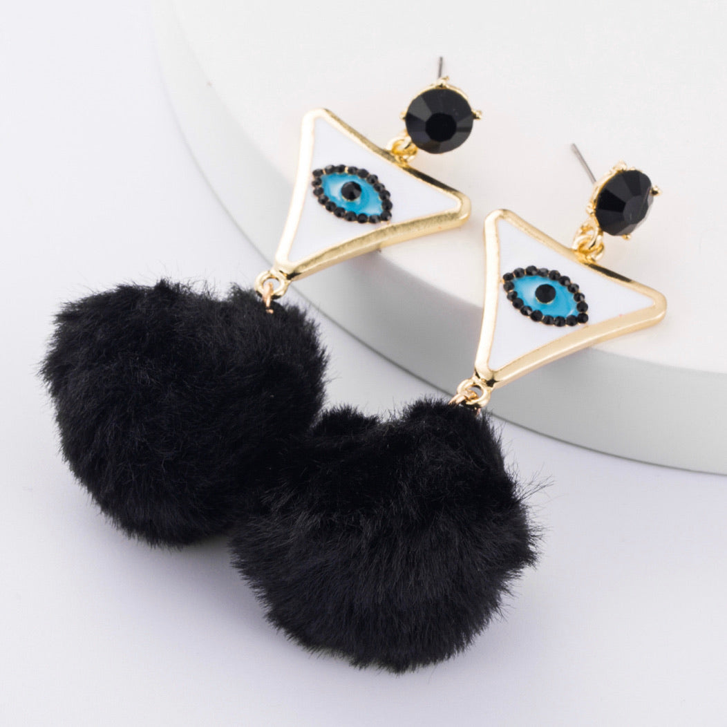 Evil Eye Pom Earrings
