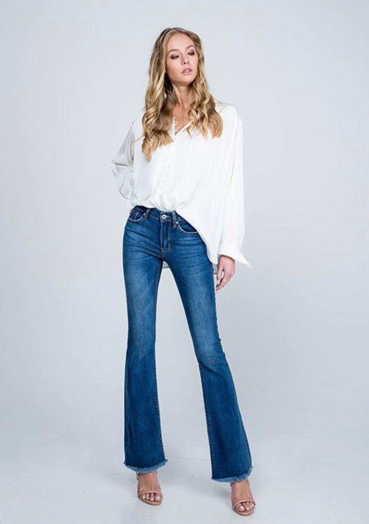 Mid Rise Boot Cut with Frayed Hem