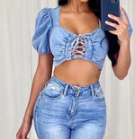 Load image into Gallery viewer, Denim Tie Puffed Sleeve Crop Top