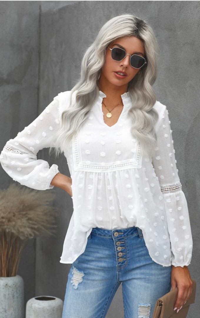 Lace Puffed Sleeve Blouse with poms