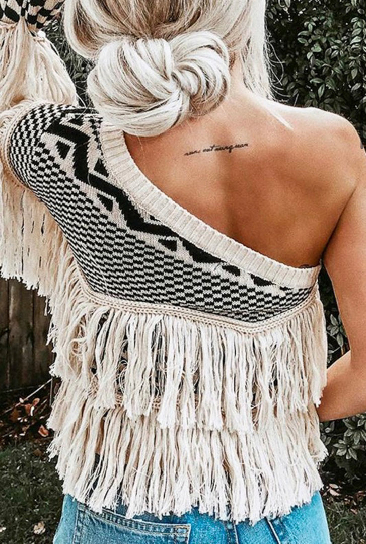 Fringed Detail Off Shoulder Sweater Top