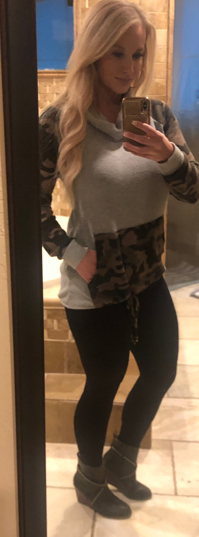 Cowl Neck Grey and Camo Hoodie
