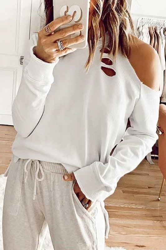 Off the shoulder distressed sweatshirt