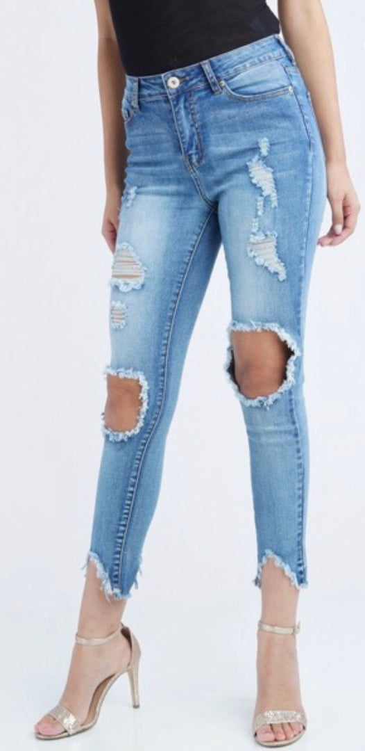 Distressed Cut Off Hem Jeans