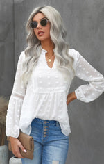 Load image into Gallery viewer, Lace Puffed Sleeve Blouse with poms