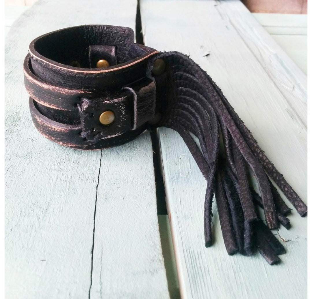 Leather Snap Cuff Bracelet with Leather Fringe