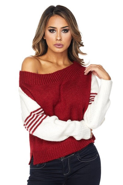 Varsity Off the Shoulder Sweater
