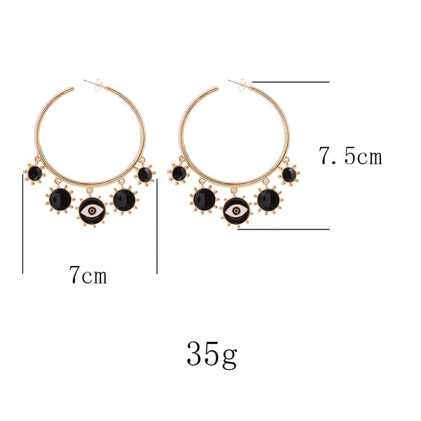 Evil Eye Drop Tassel Gold Tone Hoops