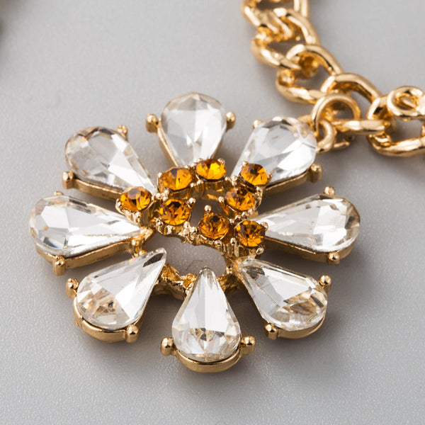 Drop Oil Leaf with Glass Rhinestone Flower Earrings