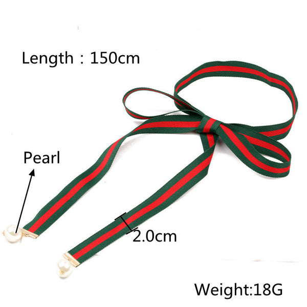Green and Red Statement Ribbon Necklace with Pearl Drops