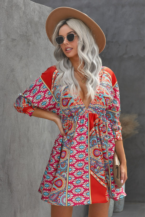 Bohemian Vintage Print Mini Dress