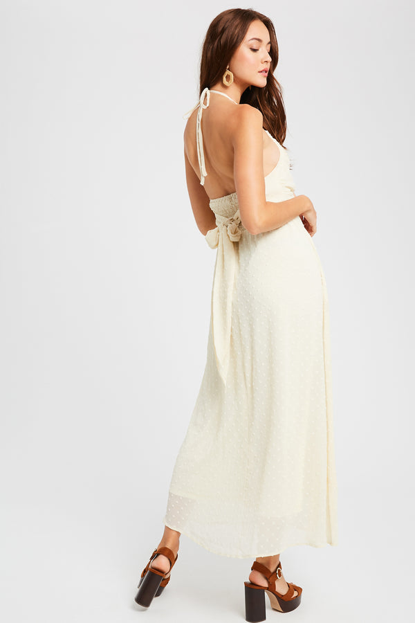 SWISS DOT TEXTURED CHIFFON HALTER NECK MAXI DRESS