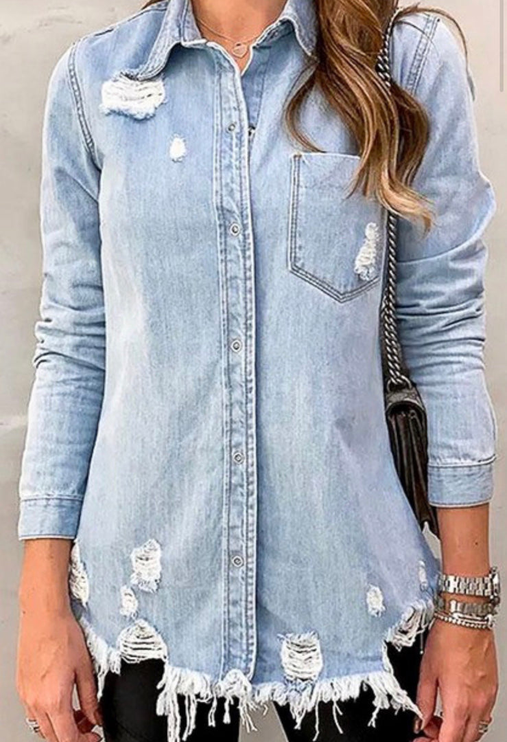 Distressed Single Pocket Button Down