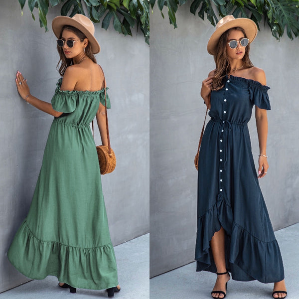 Off the Shoulder Solid Maxi Dress-Green