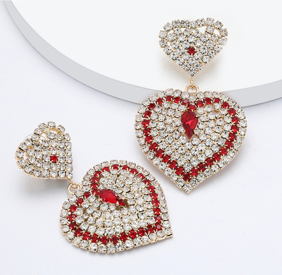 Clear and Red Rhinestone Heart Earrings
