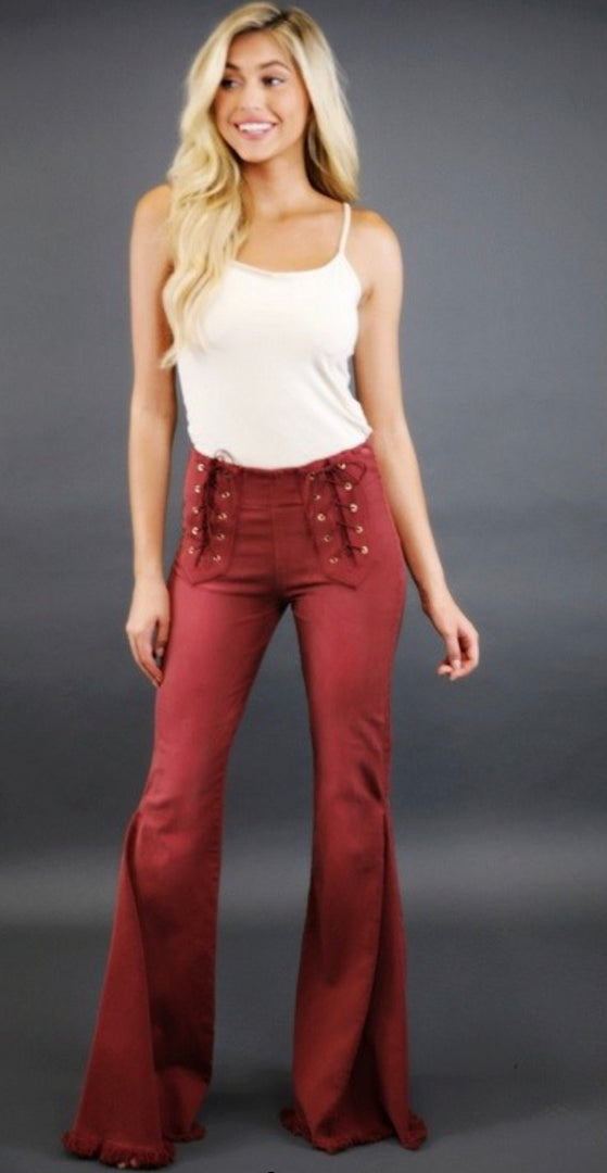 Judith March Maroon Flare Jeans with Lace-up detail