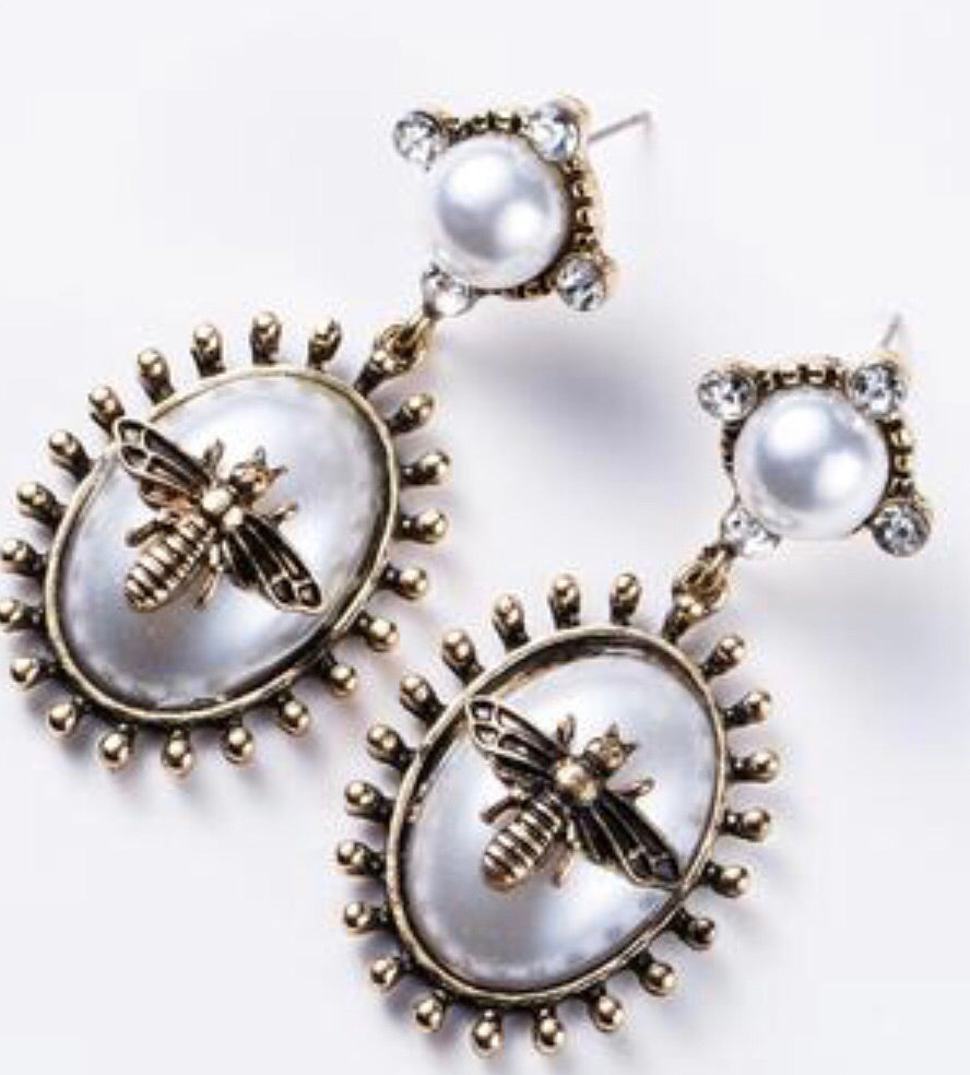 Pearl Drop with Bee Earrings
