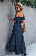 Load image into Gallery viewer, Off the Shoulder Solid Maxi Dress-Navy