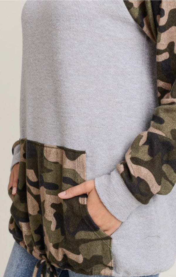 Cowl Neck Grey and Camo Hoodie