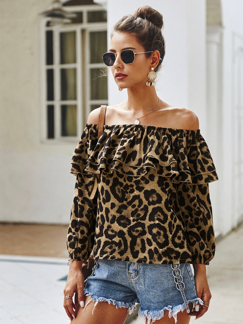 Ruffled Off the Shoulder Leopard Blouse