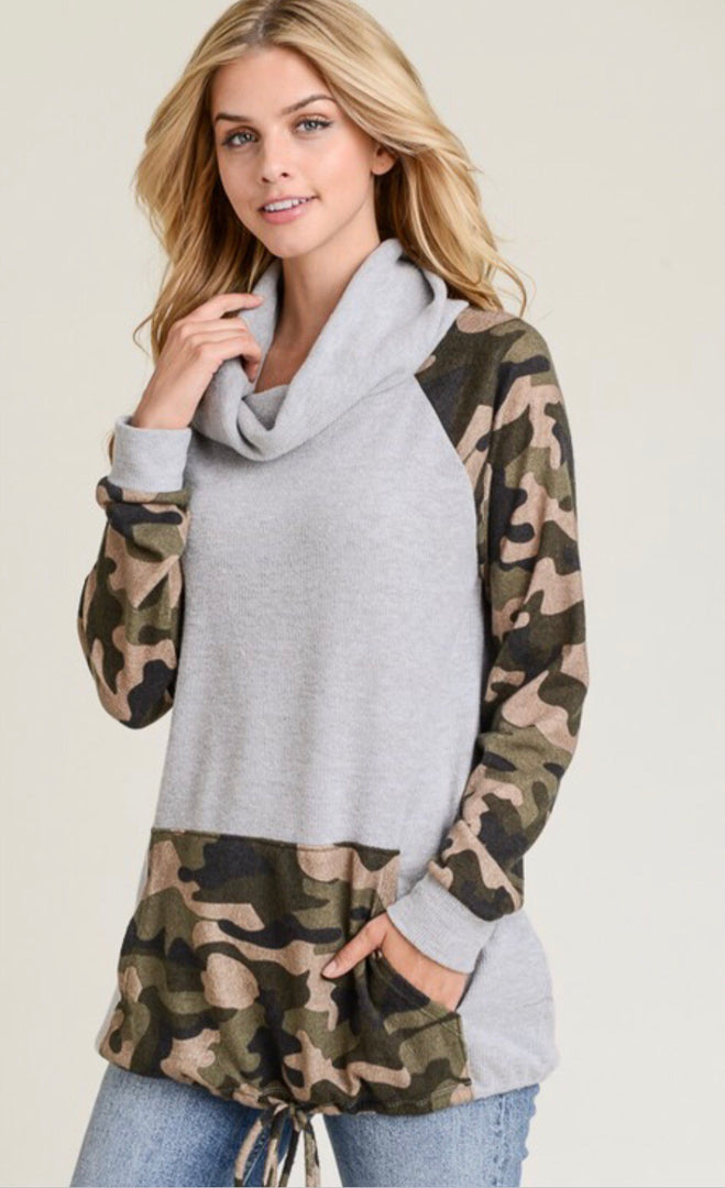 Cowl Neck Grey and Camo Hoodie