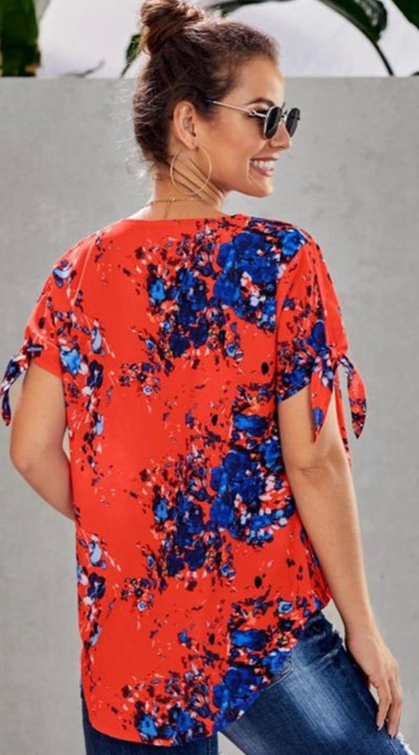 V Neck Short Sleeve Floral Top