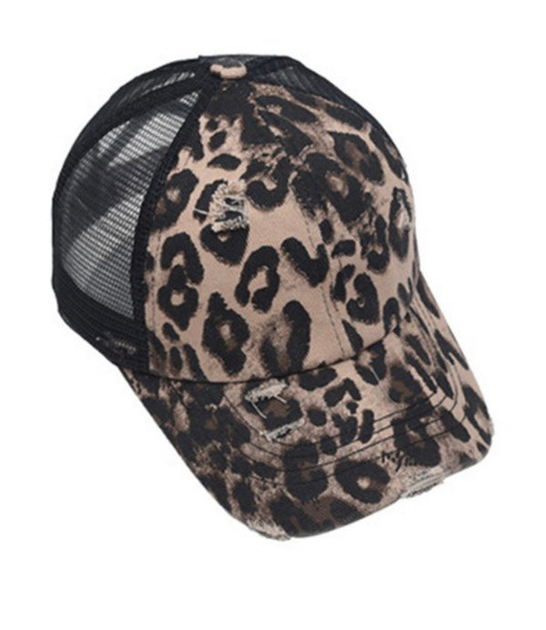 Leopard Print Cap with Crisscross Pony Cutout