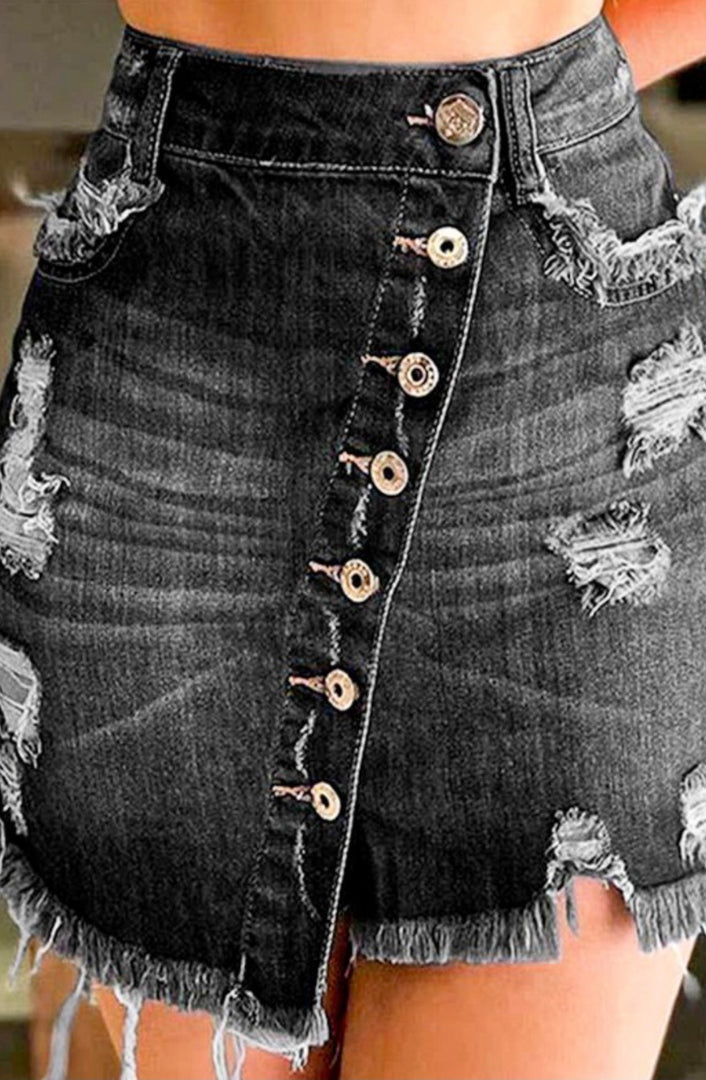 Distressed Button Down Denim Skirt