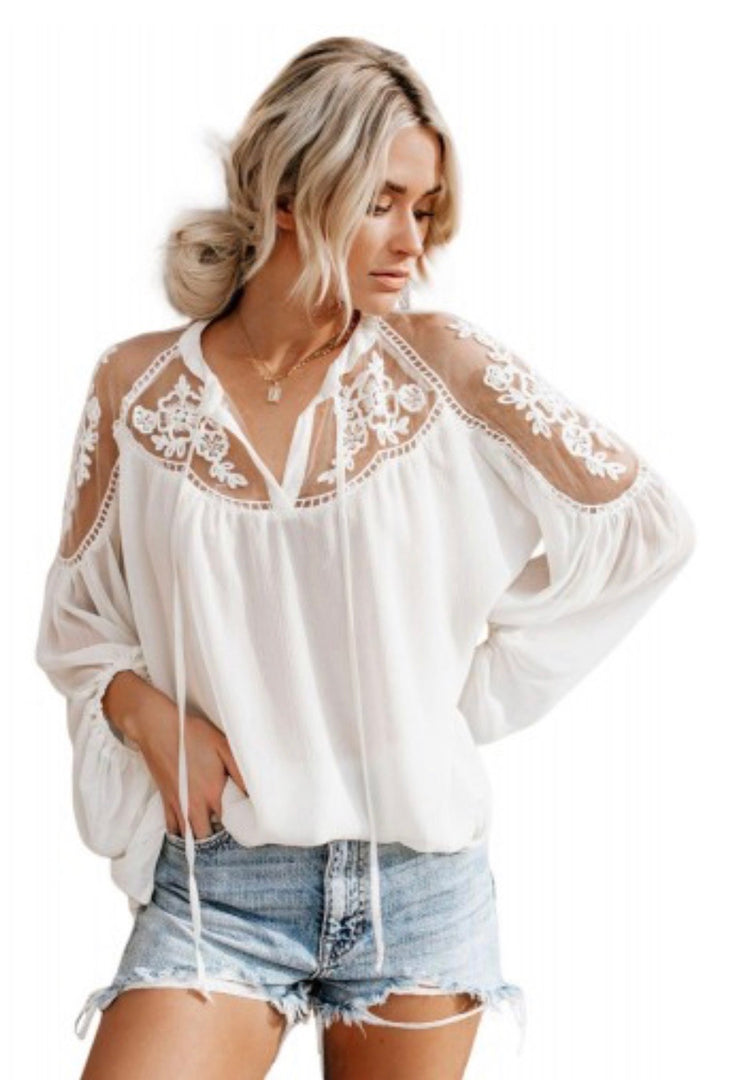 Lace accent sheer shoulder blouse