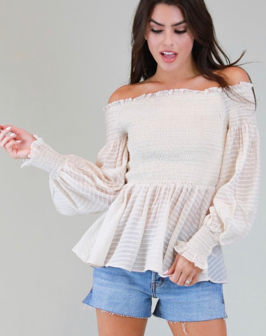 Judith March smocked off the shoulder top