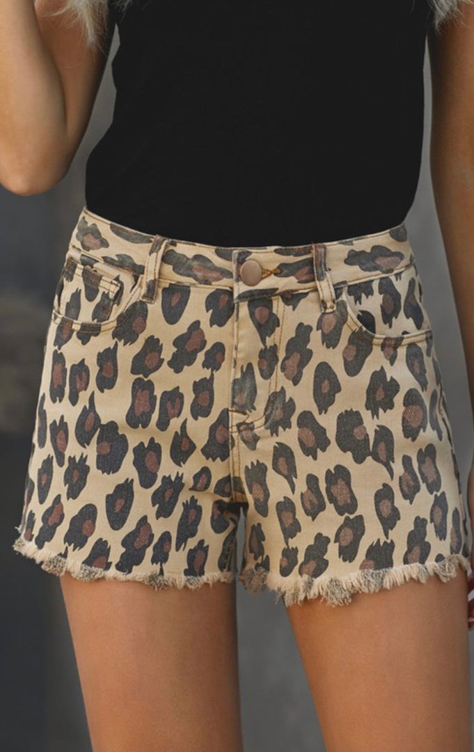 Mid Waist Leopard Frayed Jean Shorts
