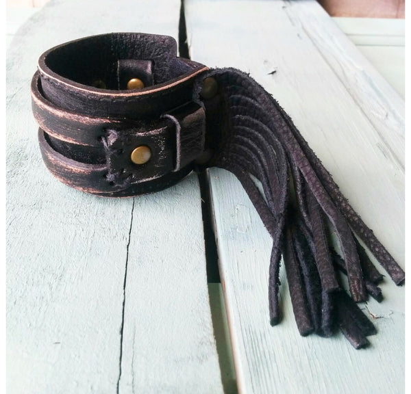 Leather Snap Cuff Bracelet with Leather Fringe
